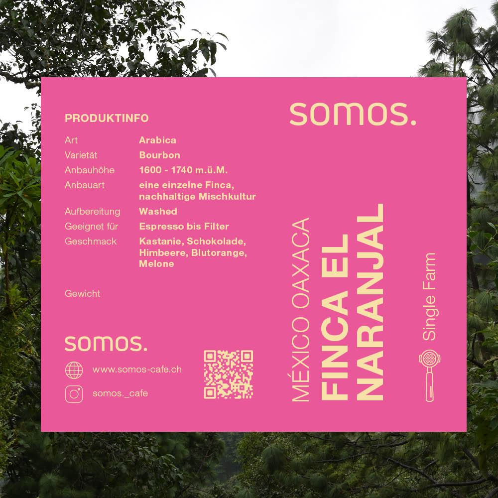 Single Farm Espresso Marta Santiago Sánchez – Finca El Naranjal, Santa Cruz Ozolotepec, Oaxaca México, Bourbon & Typica, Agroforstsystem, geröstet von somos. café Basel