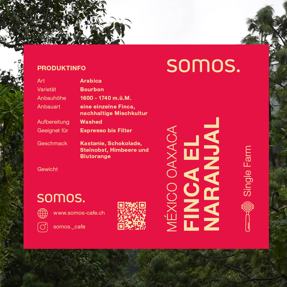 Single Farm Espresso Marta Santiago Sánchez – Finca El Naranjal, Santa Cruz Ozolotepec, Oaxaca México, Bourbon & Typica, Agroforstsystem, geröstet von somos. café Basel